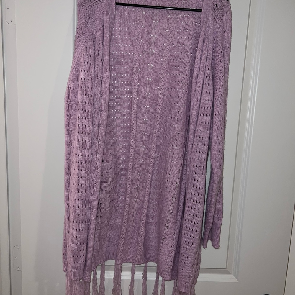 Zara Lavender Open-Knit Fringe Cardigan